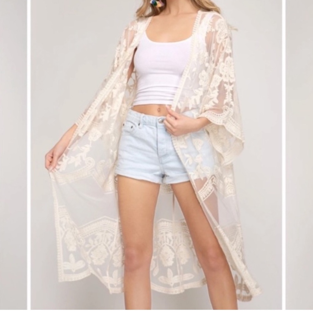 Dizzy Gal Long Lace Cream Kimono Jacket Rodeo Western Cover Up. Size Medium.‎
